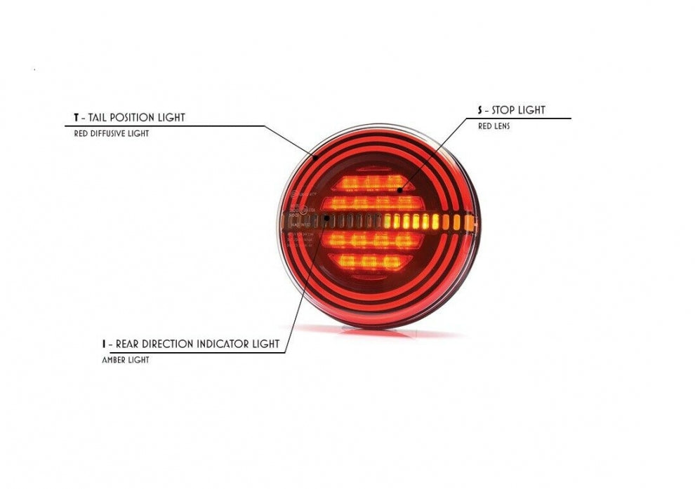 LED Stop Light with Dynamic "Running" Flasher "WAS", Neon Effect, Round, "Hamburger" Type, Ø14.2cm, 3 Functions, E-Mark, 12V-24V